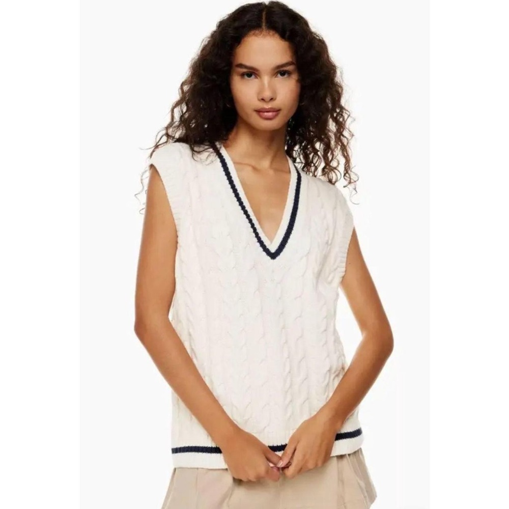 Sunday Best Aritzia Ivory Cable Knit Vest with Navy Accents